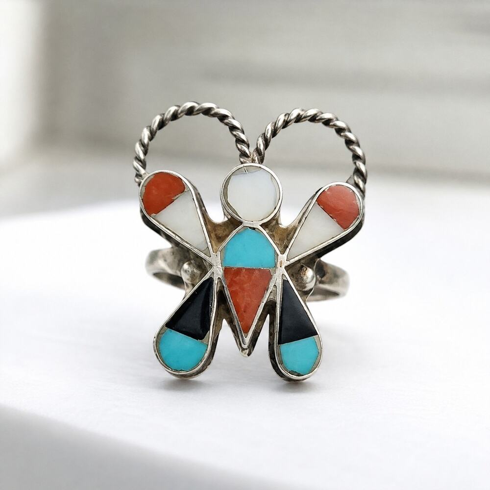 Vintage Zuni Handmade Sterling Silver Butterfly Mosaic Inlay Ring Size 6.5